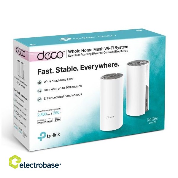 C1200 Whole Home Mesh Wi-Fi System | Deco E4 (2-pack) | 802.11ac | 867+300 Mbit/s | 10/100 Mbit/s | Ethernet LAN (RJ-45) ports 2 | Mesh Support Yes | MU-MiMO Yes | No mobile broadband | Antenna type 2xInternal image 8
