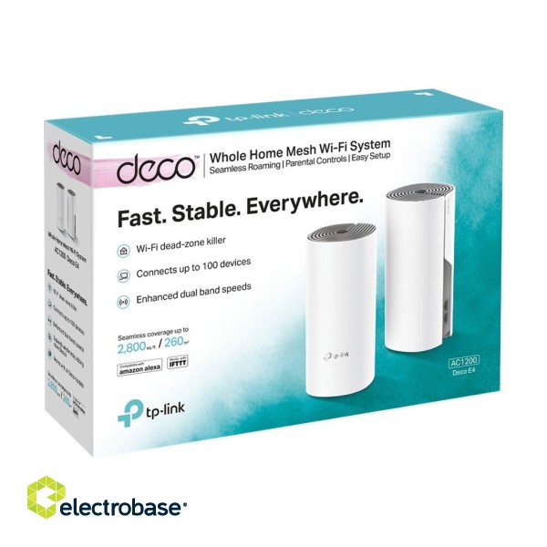C1200 Whole Home Mesh Wi-Fi System | Deco E4 (2-pack) | 802.11ac | 867+300 Mbit/s | 10/100 Mbit/s | Ethernet LAN (RJ-45) ports 2 | Mesh Support Yes | MU-MiMO Yes | No mobile broadband | Antenna type 2xInternal image 4