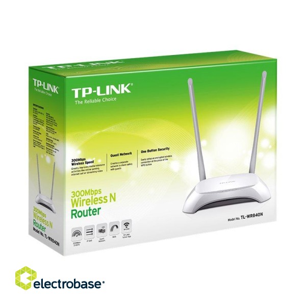 Router | TL-WR840N | 802.11n | 300 Mbit/s | 10/100 Mbit/s | Ethernet LAN (RJ-45) ports 4 | Mesh Support No | MU-MiMO No | No mobile broadband | Antenna type 2xExternal | No image 6