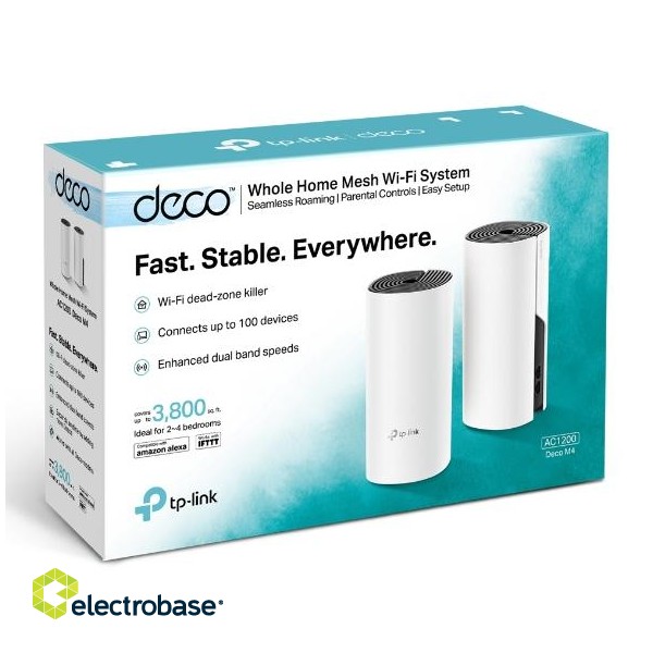 Whole Home Mesh WiFi System | Deco M4 (2-Pack) | 802.11ac | 300+867 Mbit/s | 10/100/1000 Mbit/s | Ethernet LAN (RJ-45) ports 2 | Mesh Support No | MU-MiMO Yes | No mobile broadband | Antenna type 2xInternal | No image 2