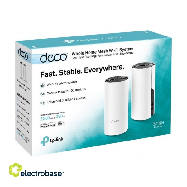 Whole Home Mesh WiFi System | Deco M4 (2-Pack) | 802.11ac | 300+867 Mbit/s | 10/100/1000 Mbit/s | Ethernet LAN (RJ-45) ports 2 | Mesh Support No | MU-MiMO Yes | No mobile broadband | Antenna type 2xInternal | No image 6