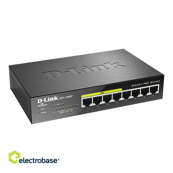 D-Link | 8-Port Gigabit PoE Switch (4xPoE) | DGS-1008P | Unmanaged | Desktop | Power supply type External image 4