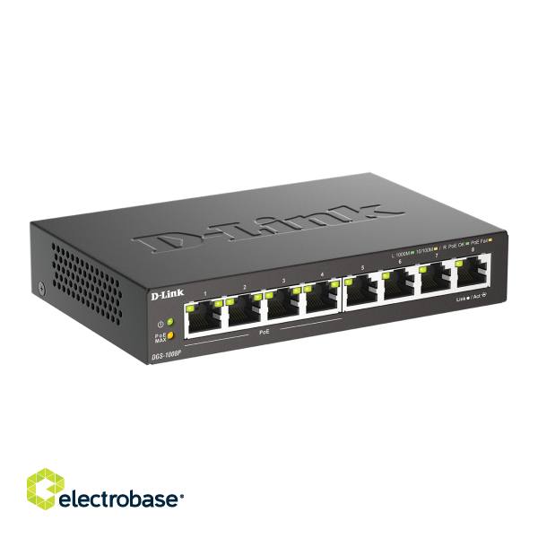D-Link | 8-Port Gigabit PoE Switch (4xPoE) | DGS-1008P | Unmanaged | Desktop | Power supply type External image 3