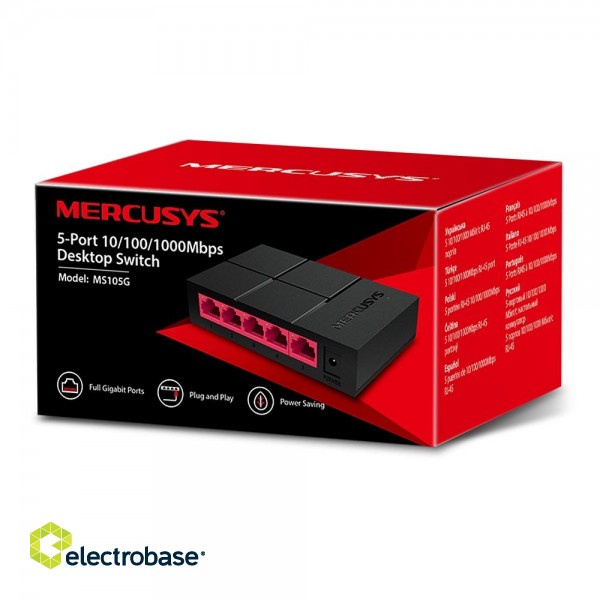 Mercusys | Switch | MS105G | Unmanaged | Desktop | 10/100 Mbps (RJ-45) ports quantity | 1 Gbps (RJ-45) ports quantity | SFP ports quantity | PoE ports quantity | PoE+ ports quantity | Power supply type External | month(s) image 5