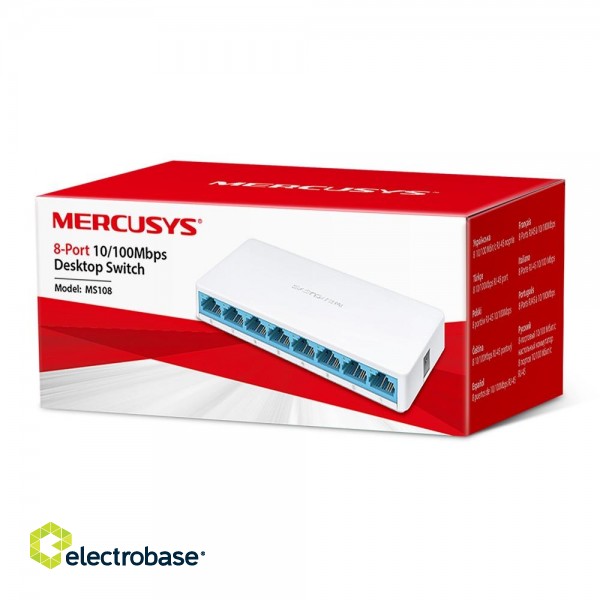 Mercusys | Switch | MS108 | Unmanaged | Desktop | 10/100 Mbps (RJ-45) ports quantity 8 | 1 Gbps (RJ-45) ports quantity | SFP ports quantity | PoE ports quantity | PoE+ ports quantity | Power supply type External | month(s) image 3