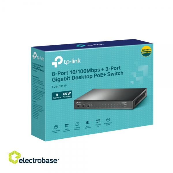 TP-LINK | 8-Port 10/100Mbps+3-Port Gigabit Desktop Switch with 8-Port PoE+ | TL-SL1311P | Unmanaged | Desktop | 60 month(s) image 4