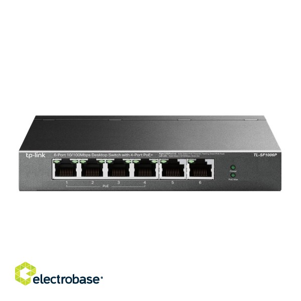 TP-LINK | Switch | TL-SF1006P | Unmanaged | Desktop | 10/100 Mbps (RJ-45) ports quantity 6 | 1 Gbps (RJ-45) ports quantity | SFP ports quantity | PoE ports quantity | PoE+ ports quantity 4 | Power supply type External | month(s) image 1