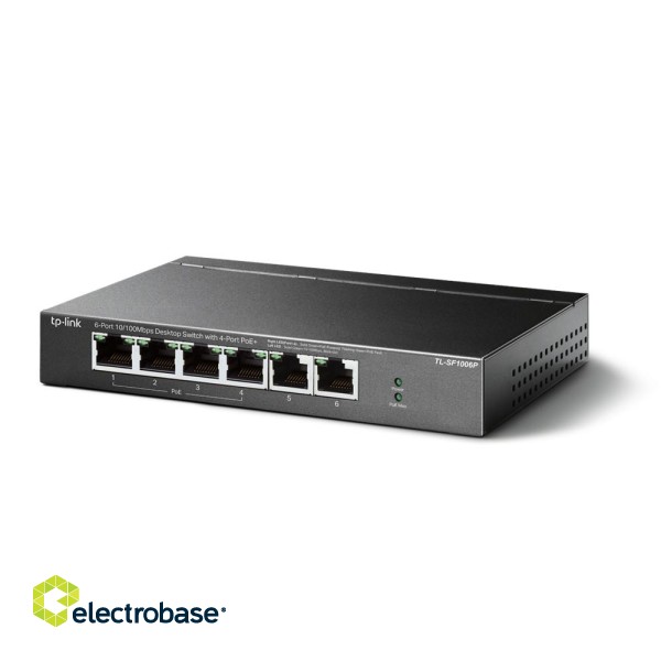 TP-LINK | Switch | TL-SF1006P | Unmanaged | Desktop | 10/100 Mbps (RJ-45) ports quantity 6 | 1 Gbps (RJ-45) ports quantity | SFP ports quantity | PoE ports quantity | PoE+ ports quantity 4 | Power supply type External | month(s) image 4