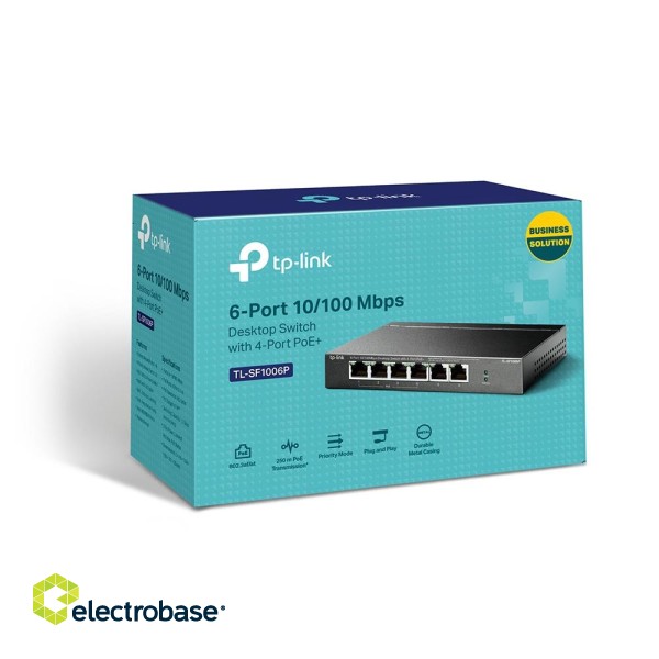 TP-LINK | Switch | TL-SF1006P | Unmanaged | Desktop | 10/100 Mbps (RJ-45) ports quantity 6 | 1 Gbps (RJ-45) ports quantity | SFP ports quantity | PoE ports quantity | PoE+ ports quantity 4 | Power supply type External | month(s) image 7