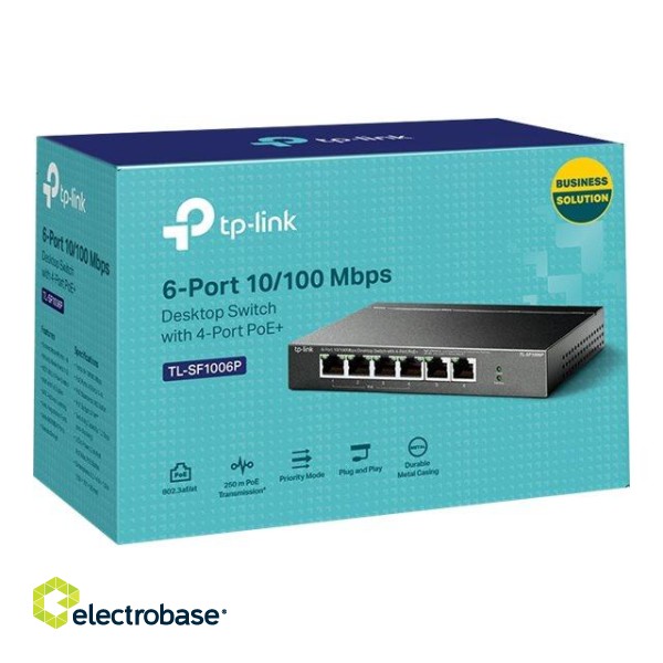 TP-LINK | Switch | TL-SF1006P | Unmanaged | Desktop | 10/100 Mbps (RJ-45) ports quantity 6 | 1 Gbps (RJ-45) ports quantity | SFP ports quantity | PoE ports quantity | PoE+ ports quantity 4 | Power supply type External | month(s) image 6