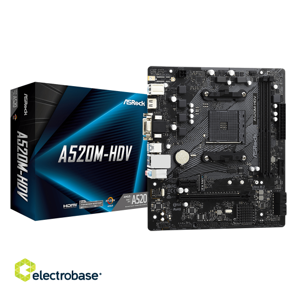 ASRock | A520M-HDV | Processor family AMD | Processor socket AM4 | DDR4 DIMM | Memory slots 2 | Supported hard disk drive interfaces 	SATA image 1