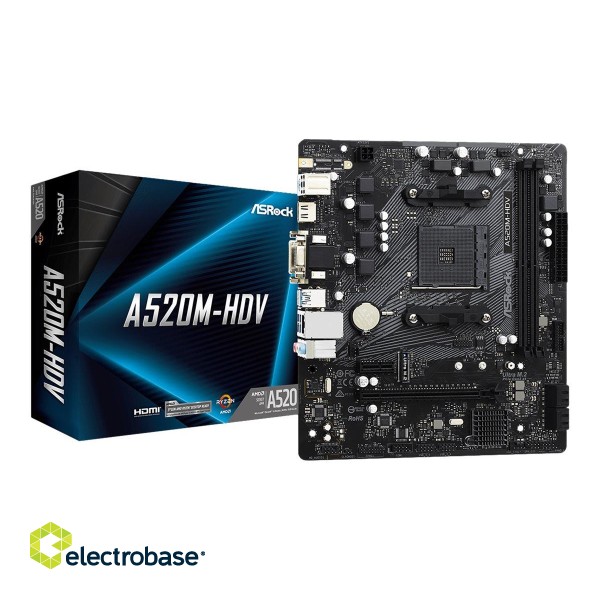 ASRock | A520M-HDV | Processor family AMD | Processor socket AM4 | DDR4 DIMM | Memory slots 2 | Supported hard disk drive interfaces 	SATA paveikslėlis 2