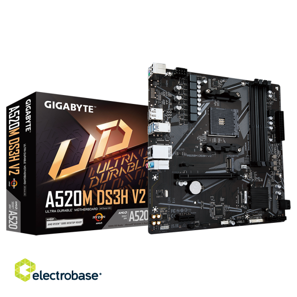 Gigabyte | A520M DS3H V2 | Processor family AMD | Processor socket AM4 | DDR4 DIMM | Memory slots 2 | Number of SATA connectors 4 | Chipset AMD A520 | Micro ATX paveikslėlis 1