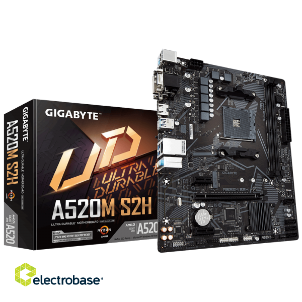Gigabyte | A520M S2H 1.0 | Processor family AMD | Processor socket AM4 | DDR4 DIMM | Memory slots 2 | Chipset AMD A | Micro ATX image 1