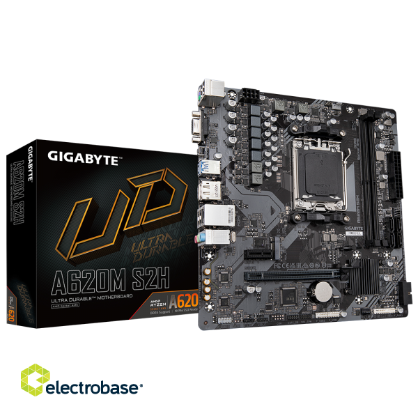 Gigabyte | A620M S2H 1.0 M/B | Processor family AMD | Processor socket AM5 | DDR5 DIMM | Memory slots 2 | Supported hard disk drive interfaces 	SATA paveikslėlis 1