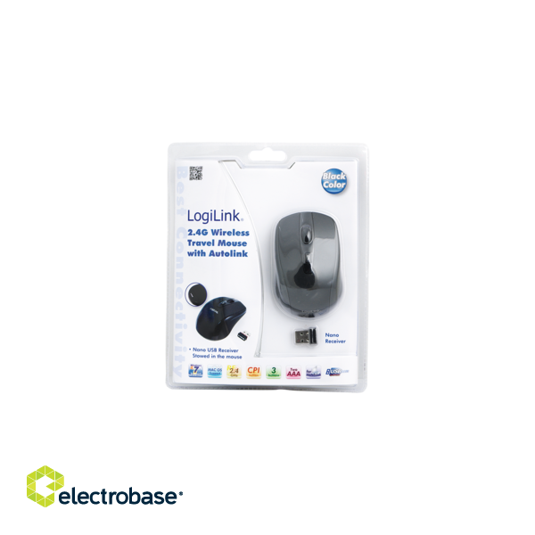 Logilink | 2.4GH wireless mini mouse with autolink | Maus optisch Funk 2.4 GHz | wireless | Black paveikslėlis 4