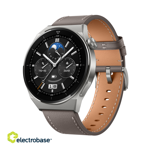 WATCH | GT 3 Pro | Smart watch | GPS (satellite) | AMOLED | Touchscreen | Activity monitoring 24/7 | Waterproof | Bluetooth | Titanium Case with Gray Leather Strap image 1
