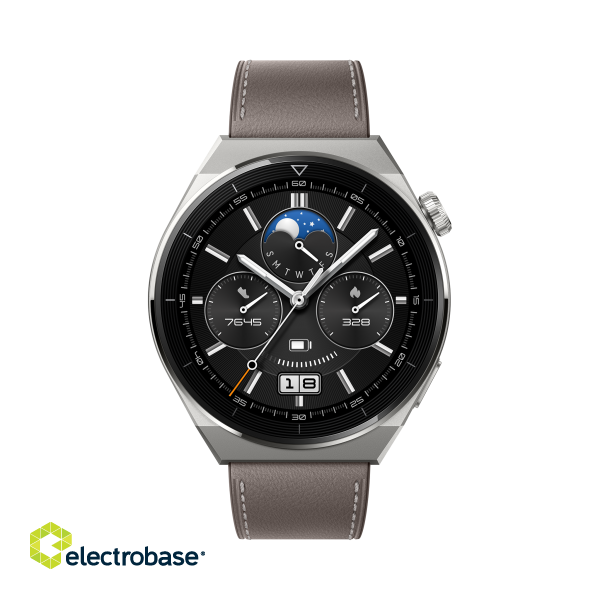 WATCH | GT 3 Pro | Smart watch | GPS (satellite) | AMOLED | Touchscreen | Activity monitoring 24/7 | Waterproof | Bluetooth | Titanium Case with Gray Leather Strap image 2