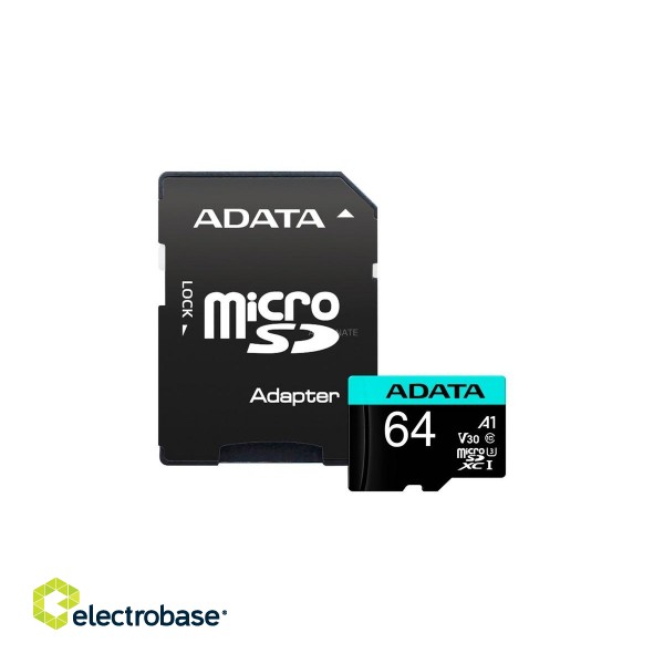 ADATA | Premier Pro UHS-I U3 V30S | 64 GB | MicroSDXC | Flash memory class 10 | Adapter image 1