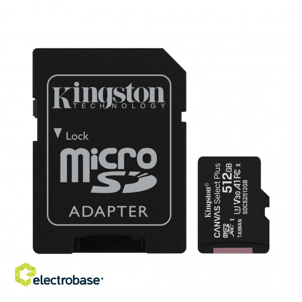 Kingston | Canvas Select Plus | 512 GB | Micro SD | Flash memory class 10 | SD adapter paveikslėlis 1