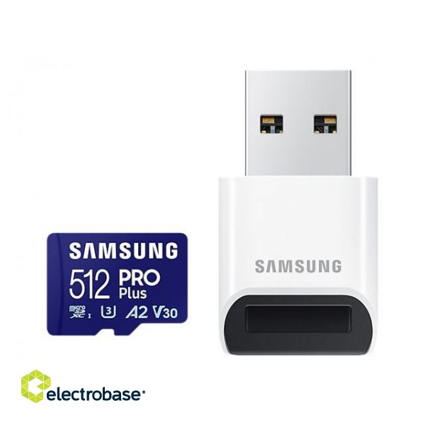 Samsung | PRO Plus microSD Card with USB Adapter | 512 GB | MicroSDXC | Flash memory class U3 paveikslėlis 2