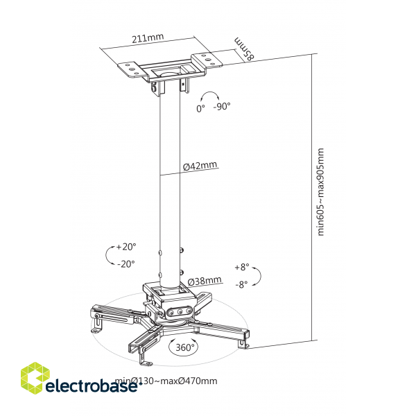 Projector mount DELTACO OFFICE for flat/inclined ceilings, tilt, swivel, rotate, 35 kg, black / ARM-0411 image 3