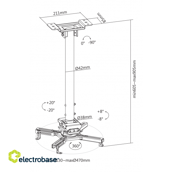 Projector mount DELTACO OFFICE for flat/inclined ceilings, tilt, swivel rotate, 35 kg, black / ARM-0412 image 3