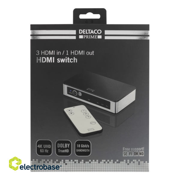 DELTACO PRIME Premium 3-port HDMI Switch with IR remote control, Ultra HD (3840x2160) in 60Hz, HDCP 2.2, CEC, black  HDMI-7026 image 4