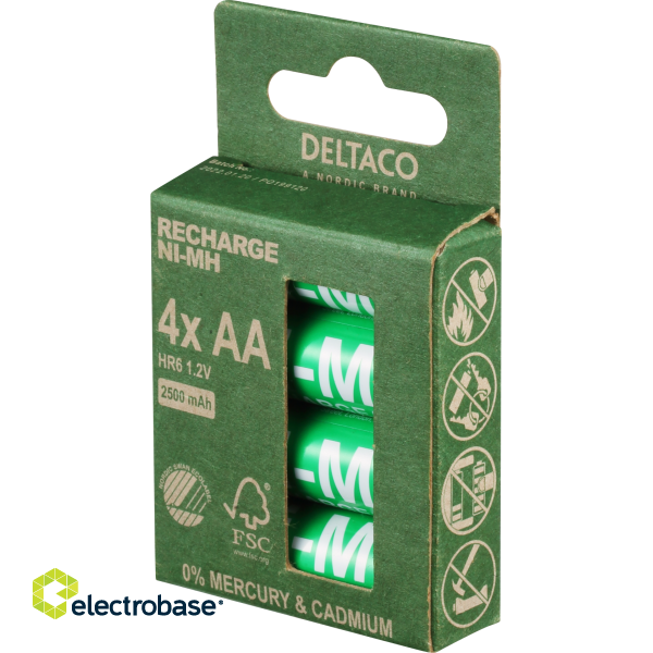 Rechargeable AA batteries DELTACO AA 2500mAh, Nordic Swan Ecolabelled, 4-pack / ULT-NH2500AA-4P image 1
