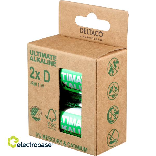 Ultimate Alkaline D battery DELTACO Nordic Swan Ecolabelled, 2-pack / ULT-LR20-2P image 1