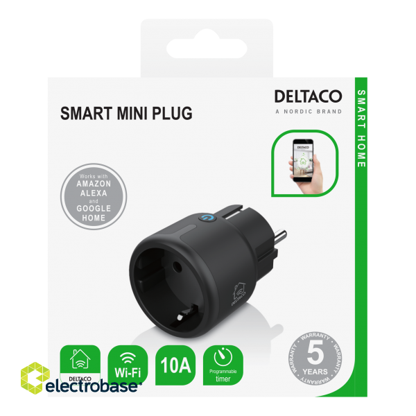 DELTACO SMART HOME power switch, LED indicator, WiFi 2.4GHz, 1xCEE 7/3, 10A, timer, black / SH-P01M-B фото 2