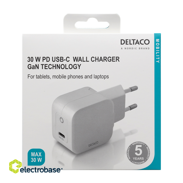 DELTACO USB-C wall charger 30 W with PD and GaN technology, white  USBC-GAN01 image 4