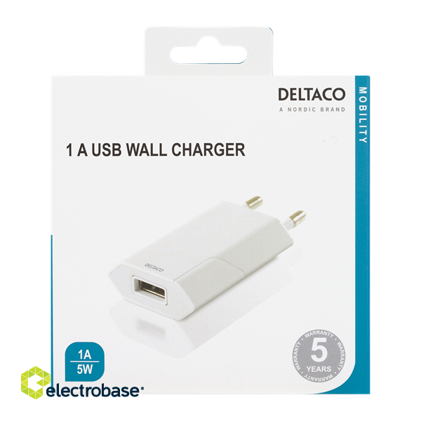 DELTACO USB wall charger, 1x USB-A, 1 A, 5 W, white / USB-AC173 image 2