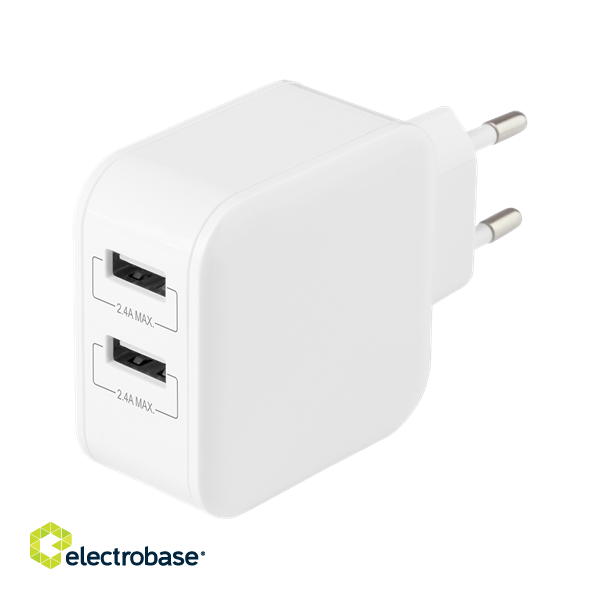 DELTACO USB wall charger, 2x USB-A 2,4 A, total 24 W, white / USB-AC175 image 2
