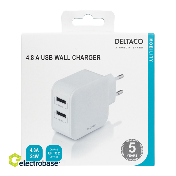 DELTACO USB wall charger, 2x USB-A 2,4 A, total 24 W, white / USB-AC175 image 3