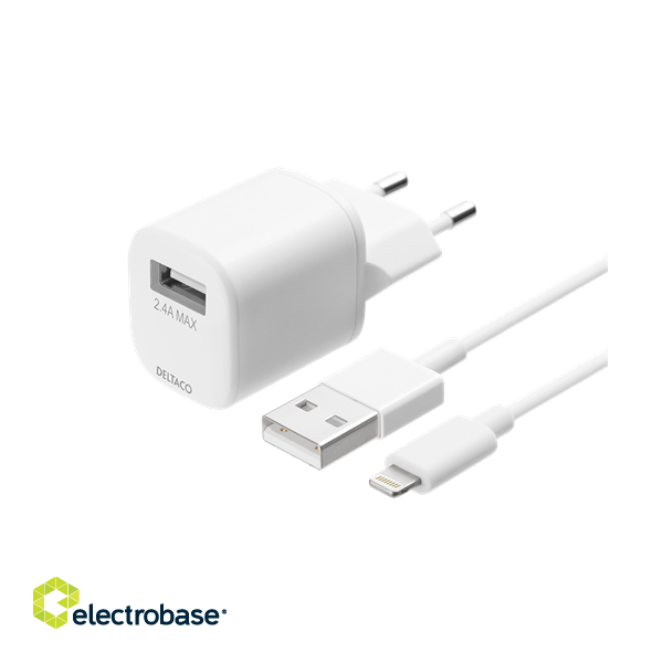 DELTACO wall charger with USB-A for Lightning cable, 1m, white  USB-AC181 image 1