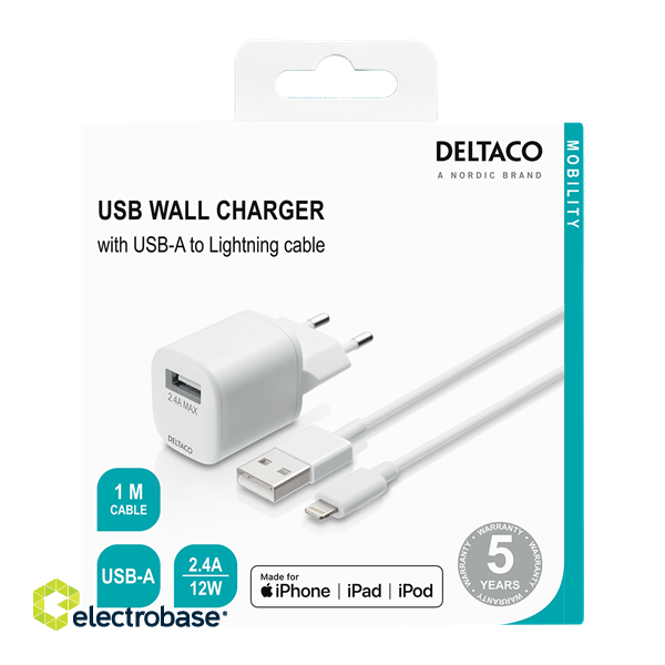 DELTACO wall charger with USB-A for Lightning cable, 1m, white  USB-AC181 image 5