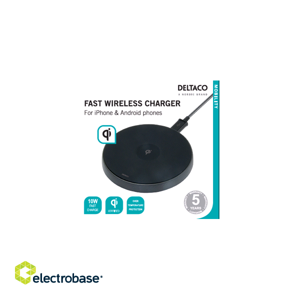 DELTACO Wireless Fast-charger for iPhone and Android, 10W, QI Certified, black / QI-1028