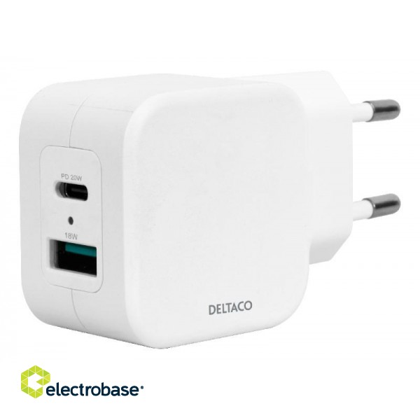 Dual USB wall charger DELTACO USB-A & USB-C Power Delivery 20 W, white / USBC-AC149 image 1