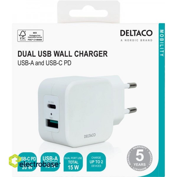 Dual USB wall charger DELTACO USB-A & USB-C Power Delivery 20 W, white / USBC-AC149 image 2