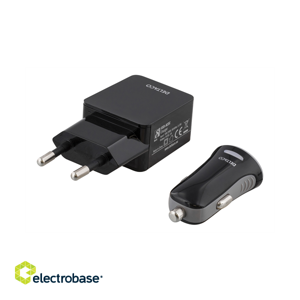Phone charger DELTACO 240V, 1A & 10-18V auto, 0,45A, lightning, micro, black / USB-ACDC image 2