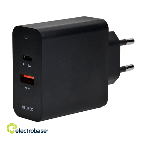 USB wall charger DELTACO with dual ports and PD, 1x USB-A, 1x USB-C, PD, 36W, black / USBC-AC137 image 1