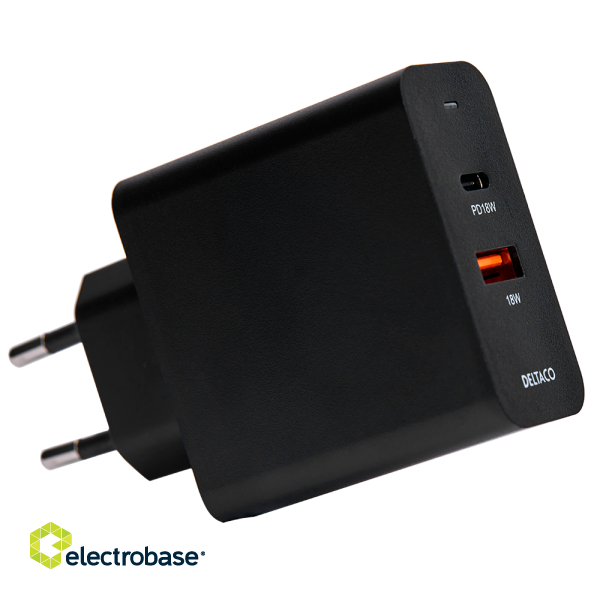 USB wall charger DELTACO with dual ports and PD, 1x USB-A, 1x USB-C, PD, 36W, black / USBC-AC137 image 6