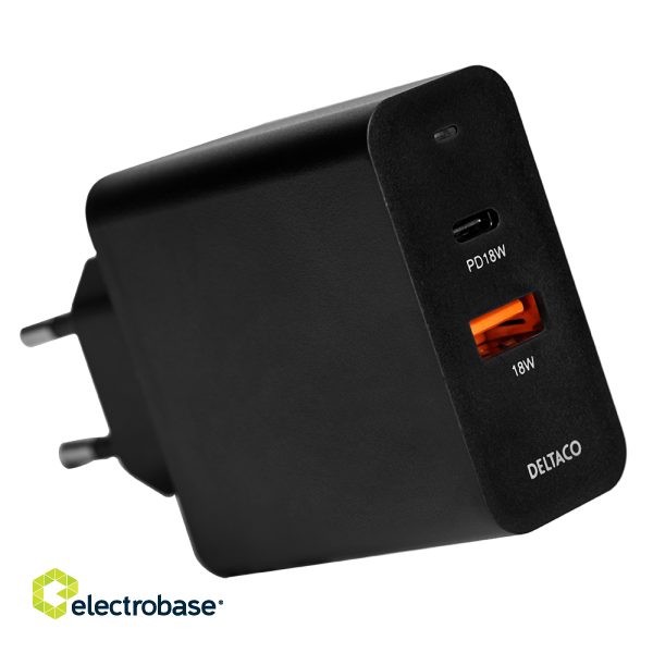 USB wall charger DELTACO with dual ports and PD, 1x USB-A, 1x USB-C, PD, 36W, black / USBC-AC137 image 7