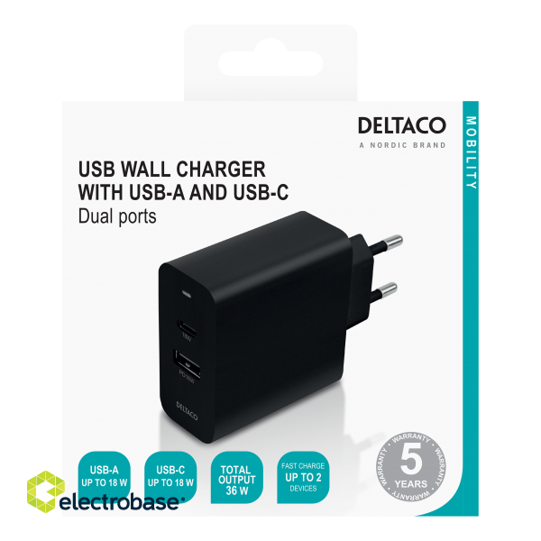 USB wall charger DELTACO with dual ports and PD, 1x USB-A, 1x USB-C, PD, 36W, black / USBC-AC137 image 8