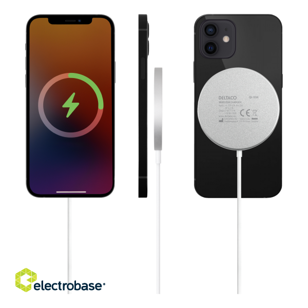 Wireless charger DELTACO with magnetic snap function, suitable for Apple iPhone 12/13, 1 m, white / QI-1034 image 2