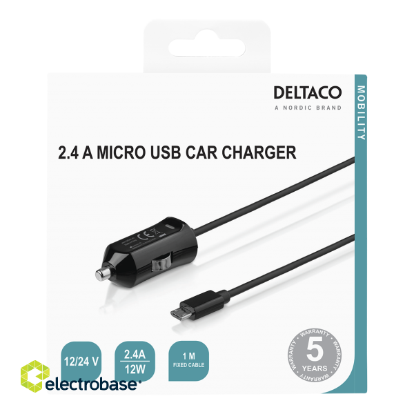 C ar charger DELTACO Micro USB, 2.4 A, 1 m fixed cable, 12 W total / USB-CAR129 image 3
