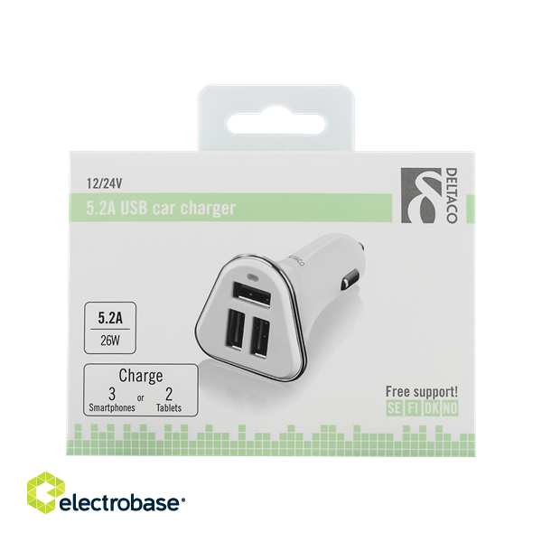 Car charger DELTACO, 5,2A, 3xUSB  white/silver / USB-CAR102 image 2