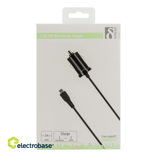 Автомобильная зарядка DELTACO, micro USB, 2.4A, 1.0м кабель, черная / USB-CAR97 фото 1