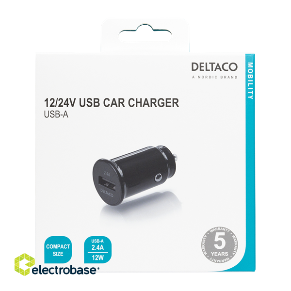 DELTACO 12/24 V USB car charger with compact size and 1x USB-A port, 2.4 A, 12 W, black USB-CAR123 image 3
